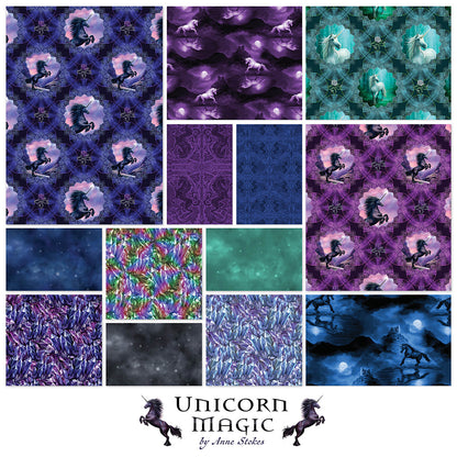 Collage of unicorn-themed fabric patterns with 'Unicorn Magic' branding.