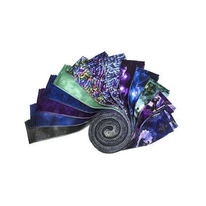 A fan of  fabric strips in a jelly roll with unicorns and coordinating prints
