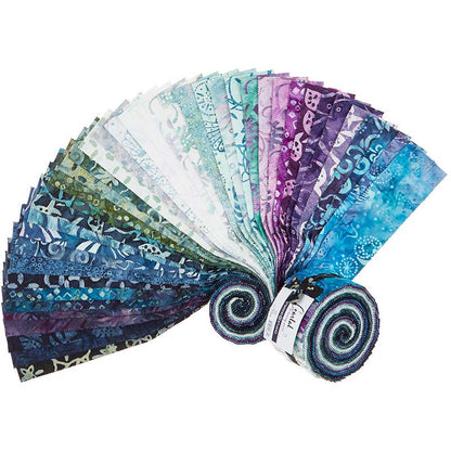 Rare Find Coastal Batik Fabric Jelly Strips by Maywood Studio featuring ocean-inspired blue and teal batik quilting fabrics.