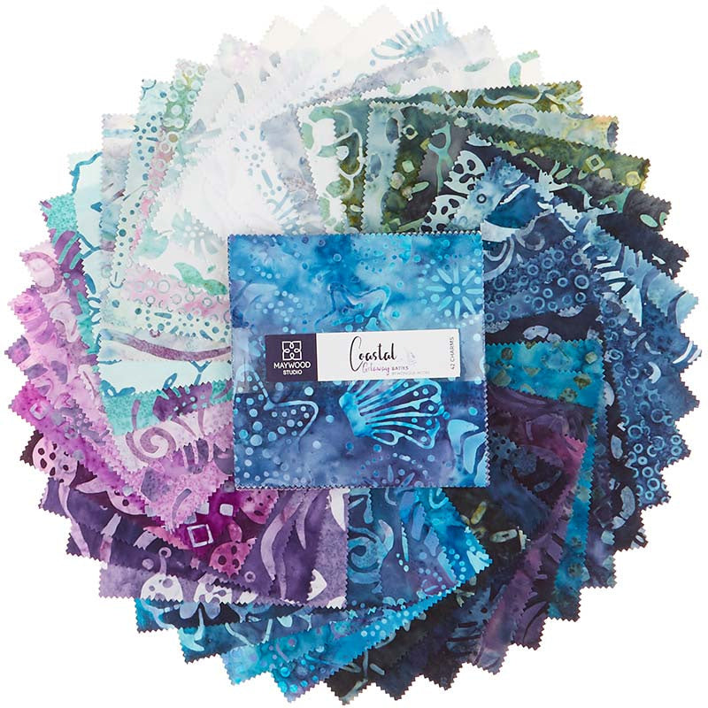 Rare Find Coastal Batik Fabric Jelly Strips by Maywood Studio featuring ocean-inspired blue and teal batik quilting fabrics.
