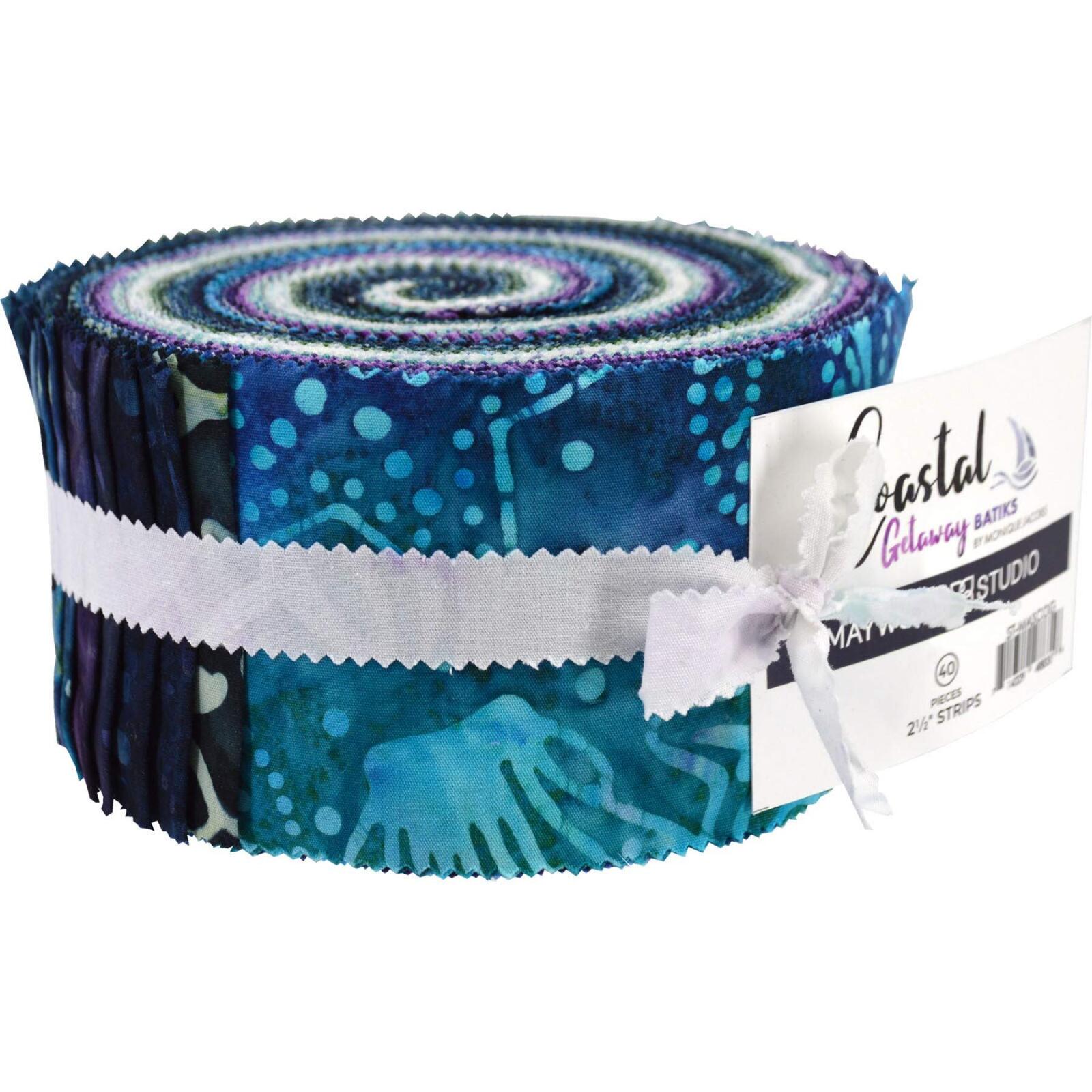 Rare Find Coastal Batik Fabric Jelly Strips by Maywood Studio featuring ocean-inspired blue and teal batik quilting fabrics.