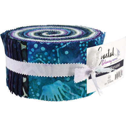 Rare Find Coastal Batik Fabric Jelly Strips by Maywood Studio featuring ocean-inspired blue and teal batik quilting fabrics.