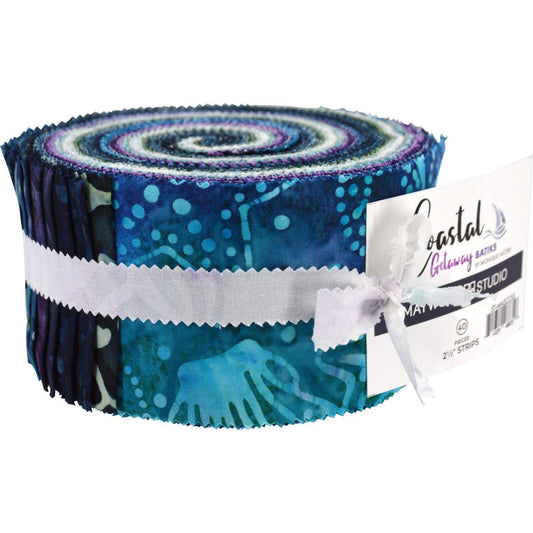 Rare Find Coastal Batik Fabric Jelly Strips by Maywood Studio featuring ocean-inspired blue and teal batik quilting fabrics.
