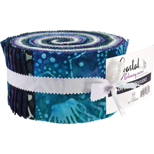 Rare Find Coastal Batik Fabric Jelly Strips by Maywood Studio featuring ocean-inspired blue and teal batik quilting fabrics.