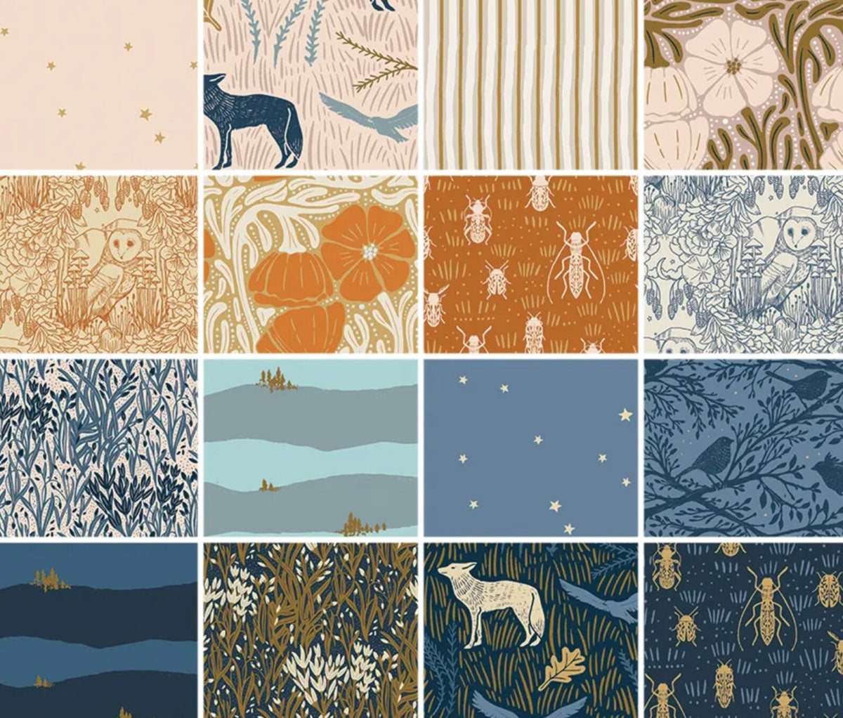 Patchwork fabric square set featuring deer, coyote, stars, stripes and foliage prints