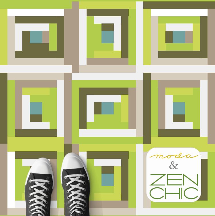 Quilt pattern cover with lime green and white maze blocks, teal accents, Moda Zen Chic logo