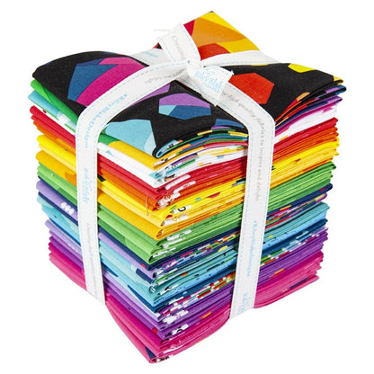 Stack of colorful fabric squares tied with a white ribbon on a white background