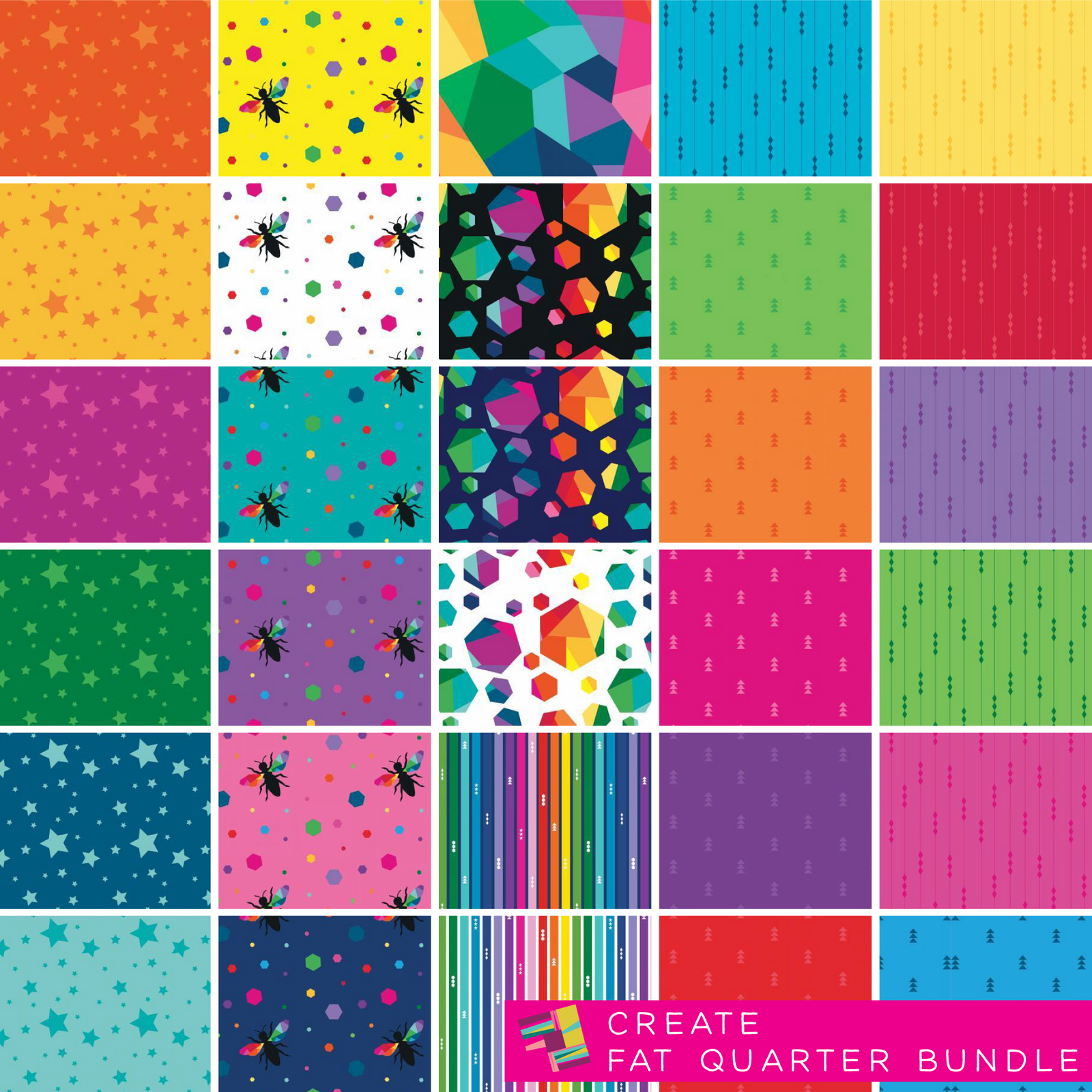 Collection of colorful fabric patterns arranged in a grid with 'Create Fat Quarter Bundle' text at the bottom.