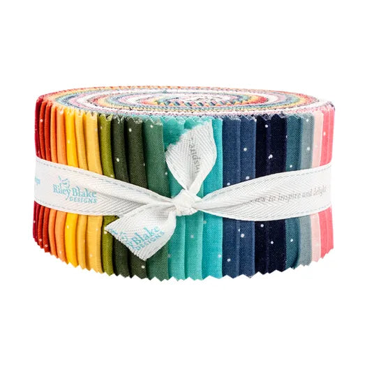 Multicolor fabric roll bundle with dapple dot pattern, secured with white ribbon