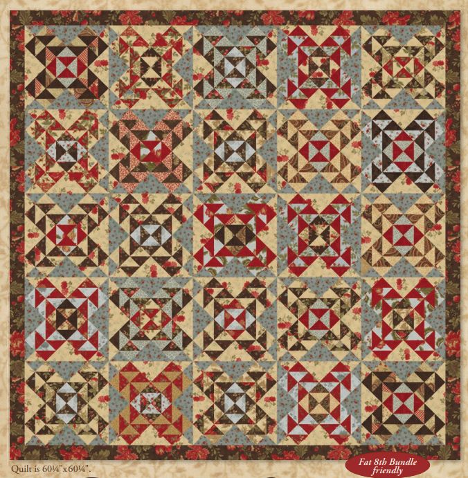 Patchwork quilt with star and triangle blocks, red, tan, and blue squares