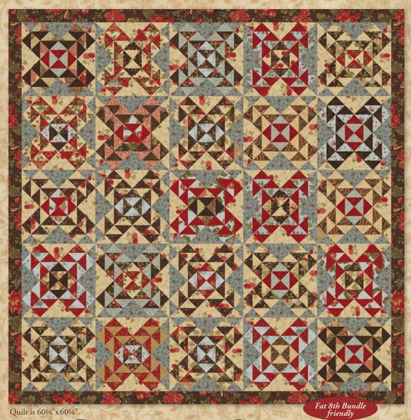 Patchwork quilt with star and triangle blocks, red, tan, and blue squares