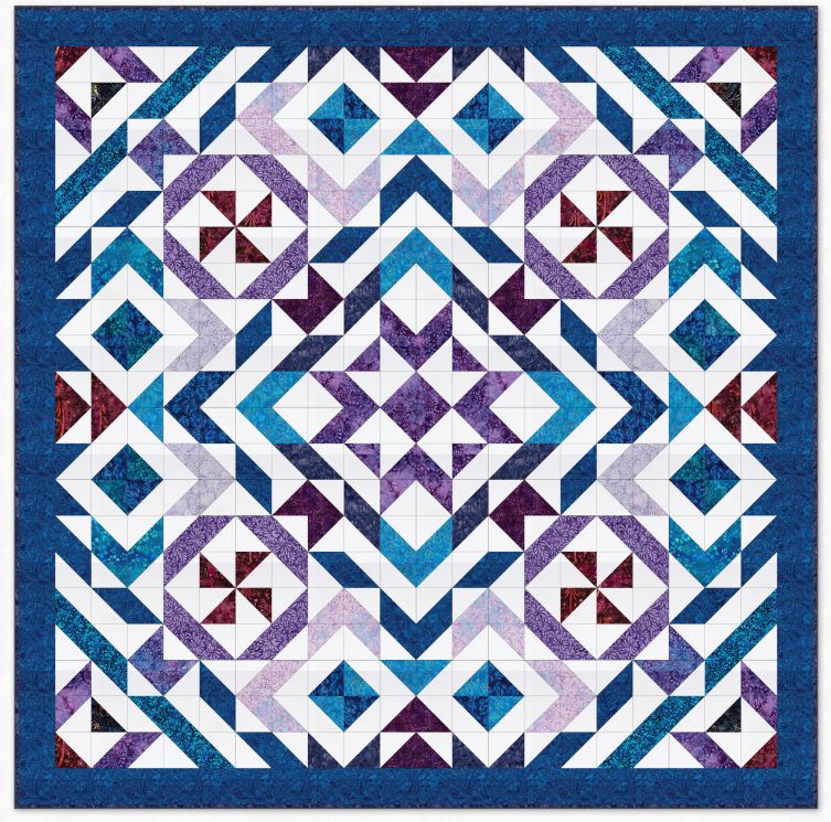 Geometric quilt fabric design with blue, purple, and white diamond and pinwheel blocks