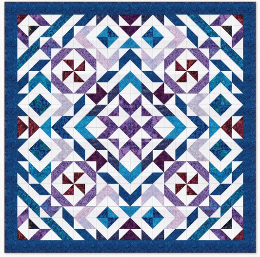Geometric quilt fabric design with blue, purple, and white diamond and pinwheel blocks