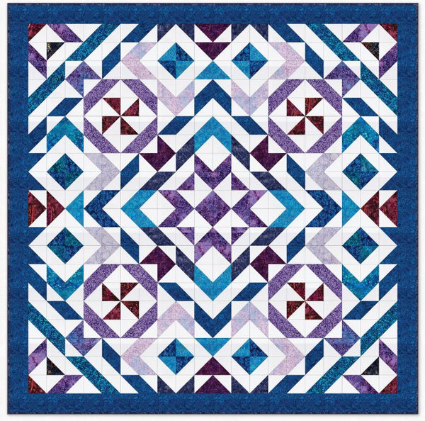 Geometric quilt fabric design with blue, purple, and white diamond and pinwheel blocks