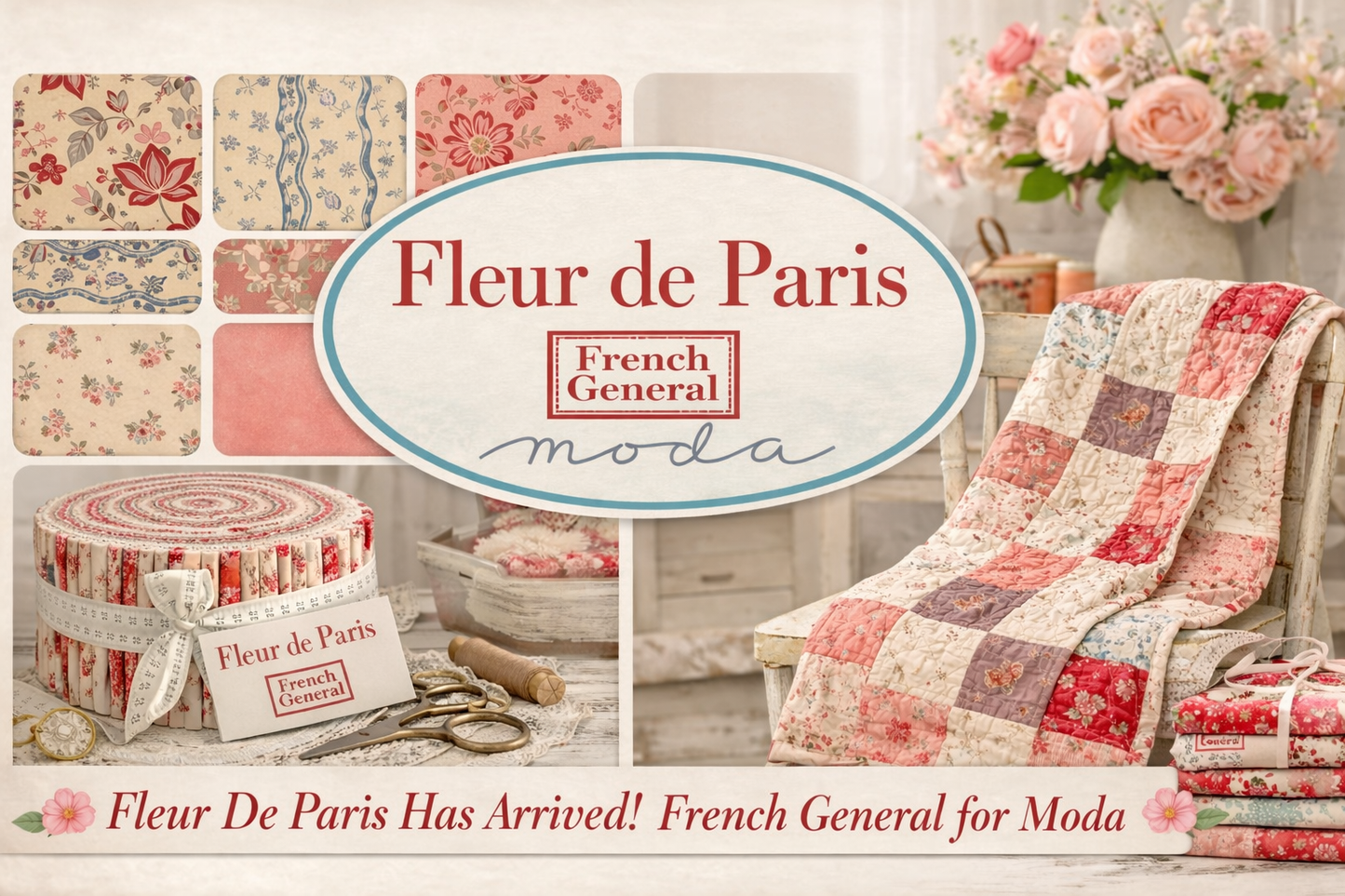 Patchwork quilt with red and cream floral fabric blocks and decorative banding