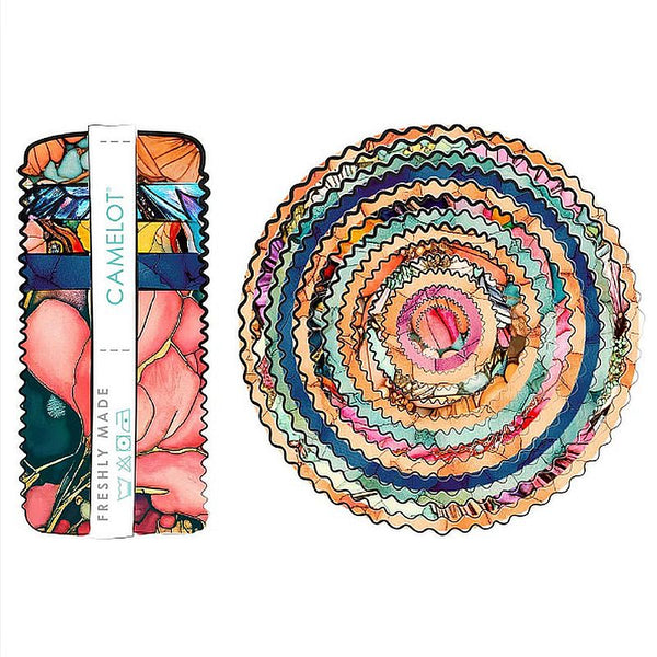 Fabric strip roll bundle with colorful floral prints, 2.5 in pack