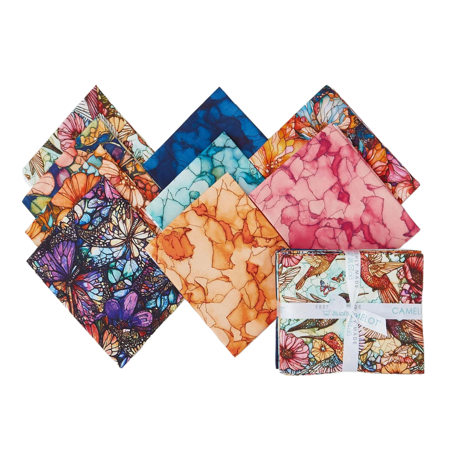 Fat quarter bundle of nine with floral butterfly prints in pink, orange, blue, and purple