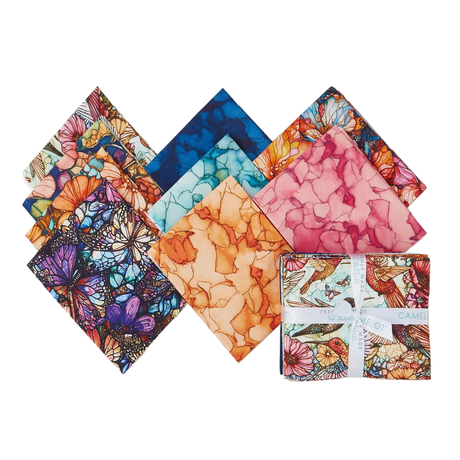 Fat quarter bundle of nine with floral butterfly prints in pink, orange, blue, and purple