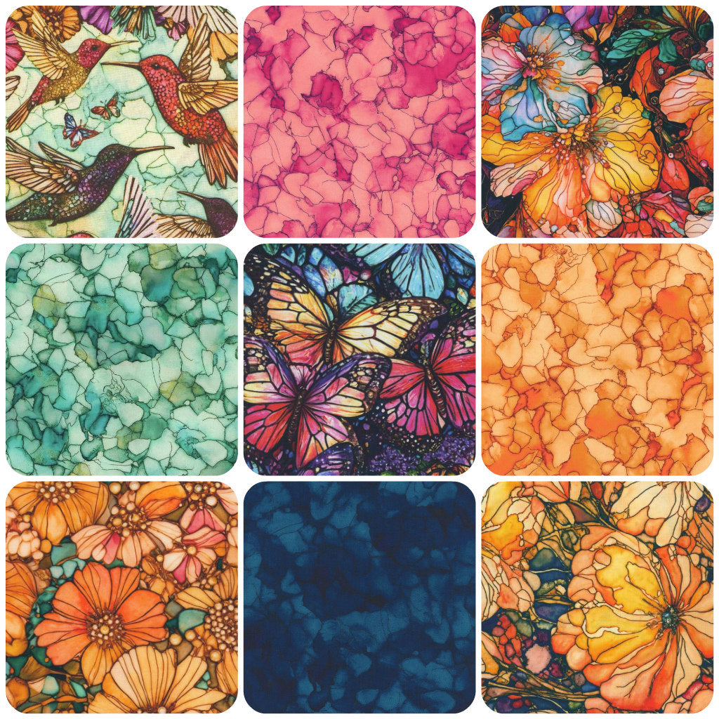 Pack of printed fabric squares featuring butterflies and flowers in teal, pink, orange, and blue