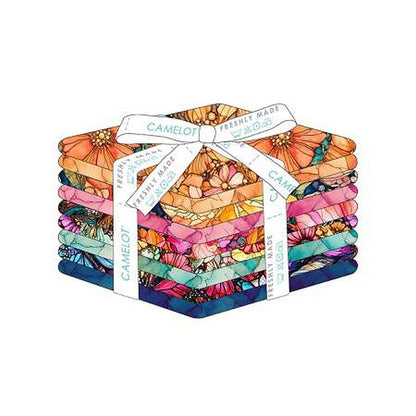 9-piece fat quarter fabric bundle with multicolor floral butterfly prints, folded stack
