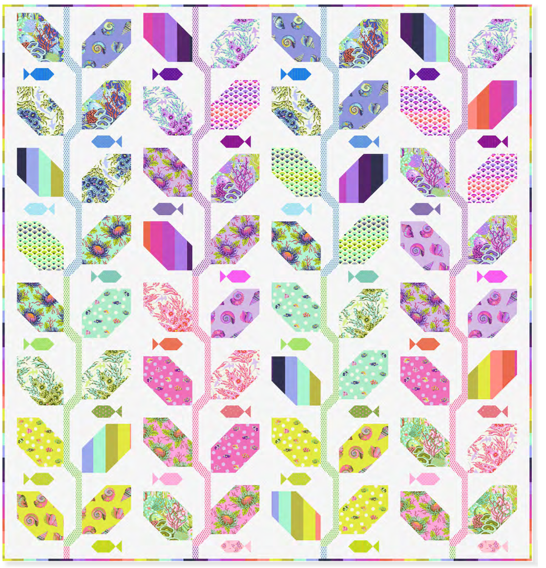 Colorful quilt vy Tula Pink with geometric , ocean and floral patterns on a white background