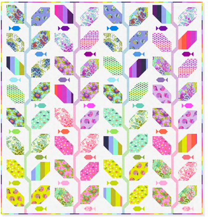 Colorful quilt vy Tula Pink with geometric , ocean and floral patterns on a white background