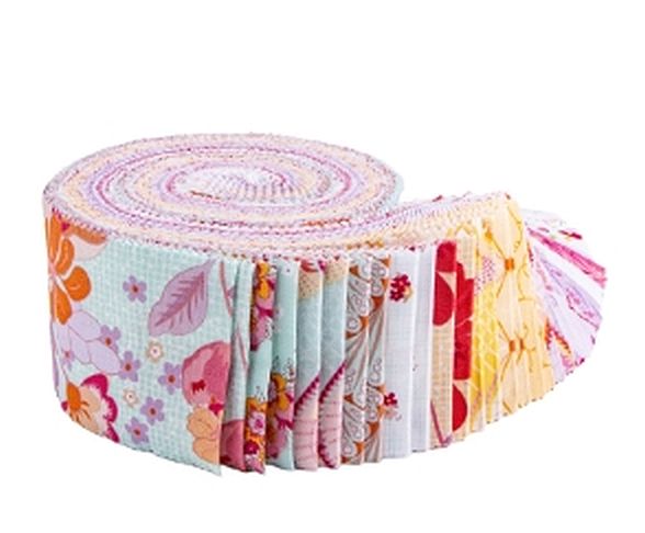 Riley Blake Flourish Rolie Polie Jelly Roll containing 40 coordinating 2.5 inch fabric strips
