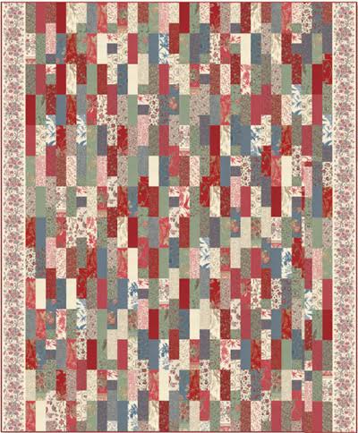 Jelly roll friendly La Belle Fleur PDF quilt pattern: red/blue/cream patchwork blocks