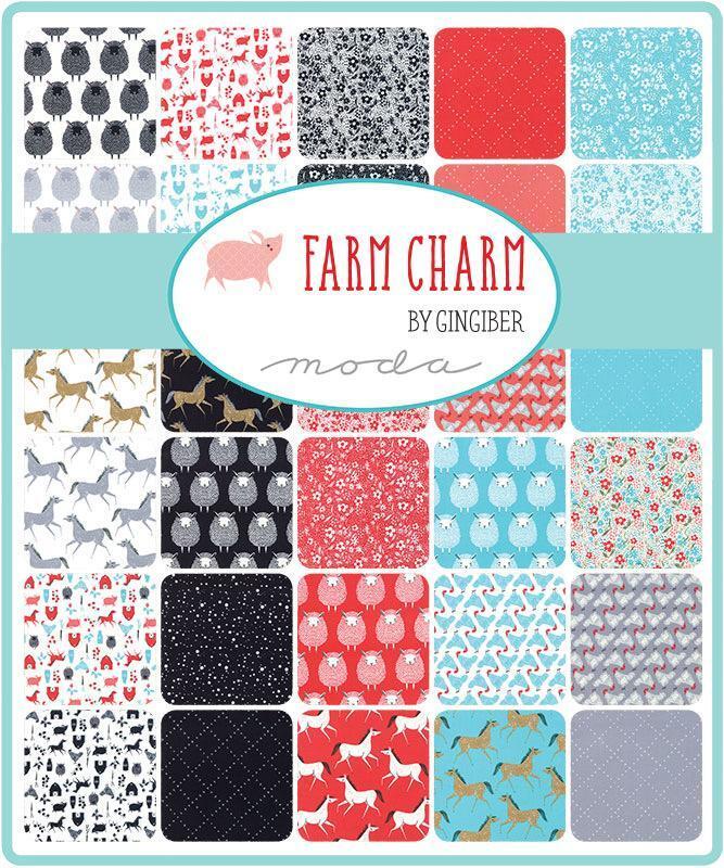 Collection of farm-themed fabric patterns with 'Farm Charm' label by Gingiber Moda.