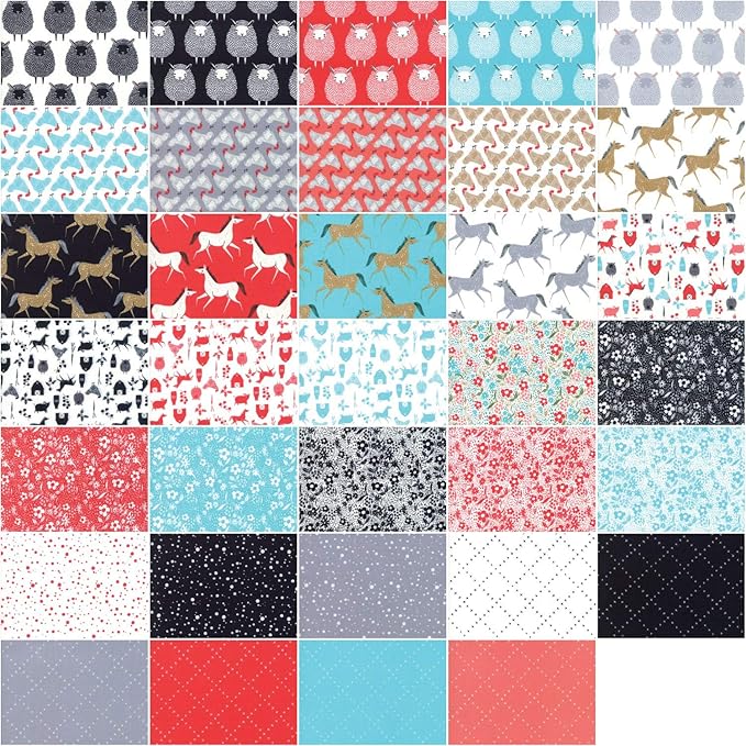 Grid of various animal and abstract patterned fabric swatches in different colors.