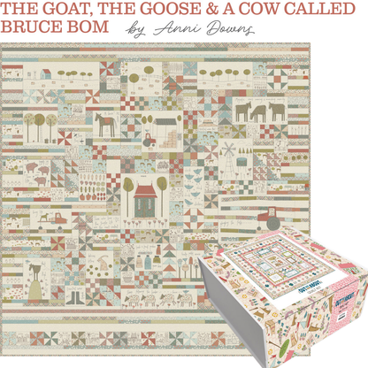Folded quilt top and boxed kit featuring farm patchwork with animals in cream and teal