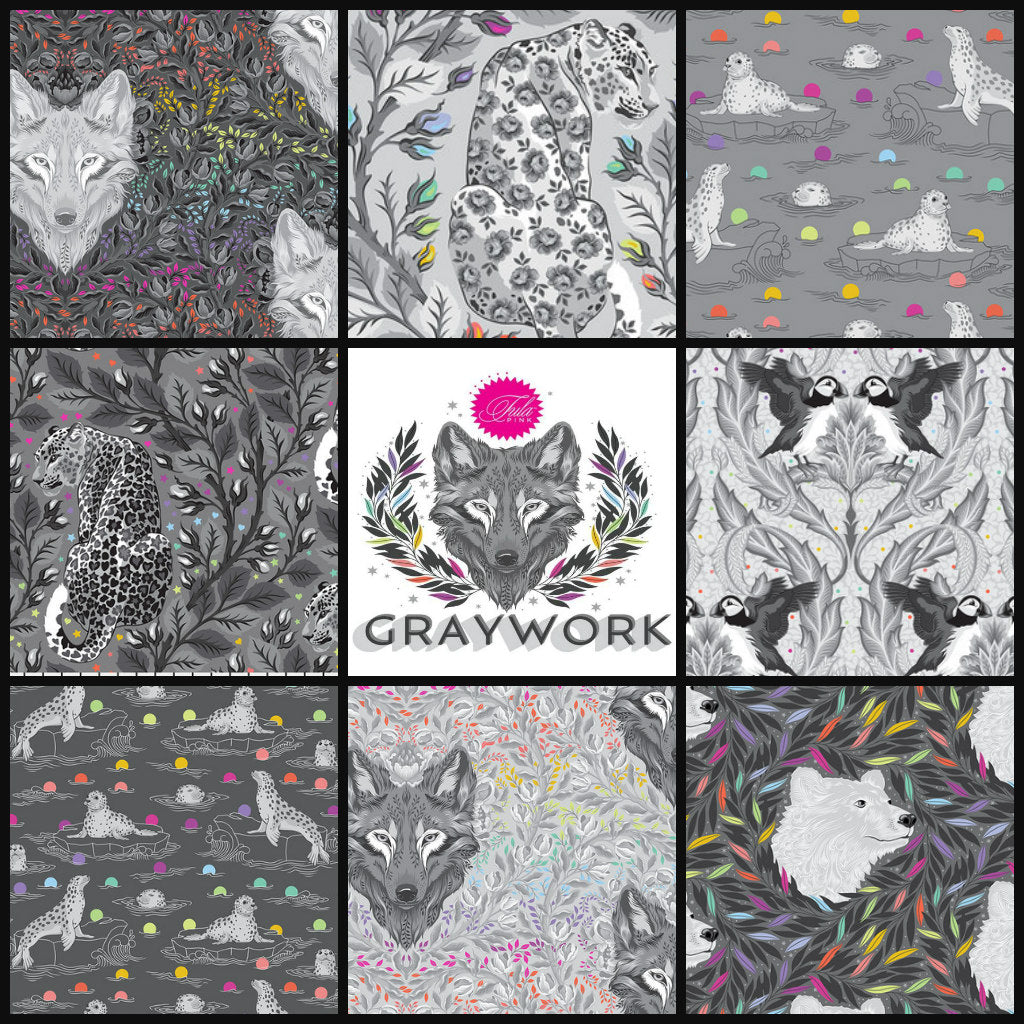 Collage of various animal-themed fabric patterns with 'Graywork' branding.