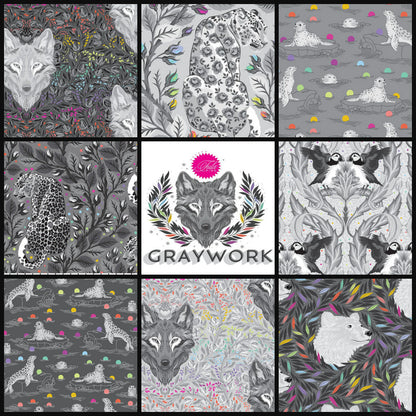 Collage of various animal-themed fabric patterns with 'Graywork' branding.