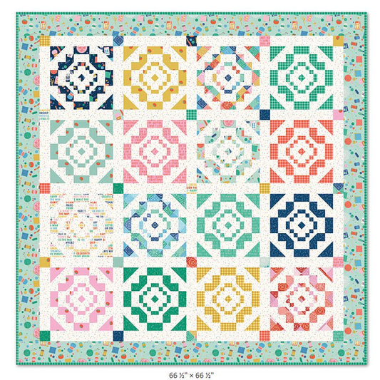 Quilt pattern PDF showing multicolor pinwheel and rosette blocks in a square layout