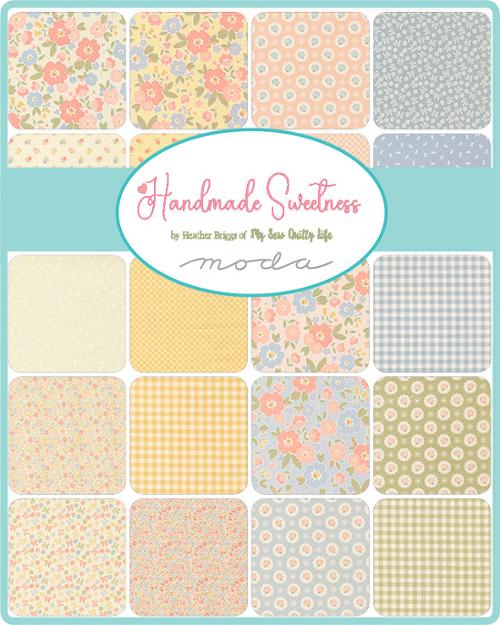 Collection of fabric swatches with floral and geometric patterns, featuring the brand 'Moda'.