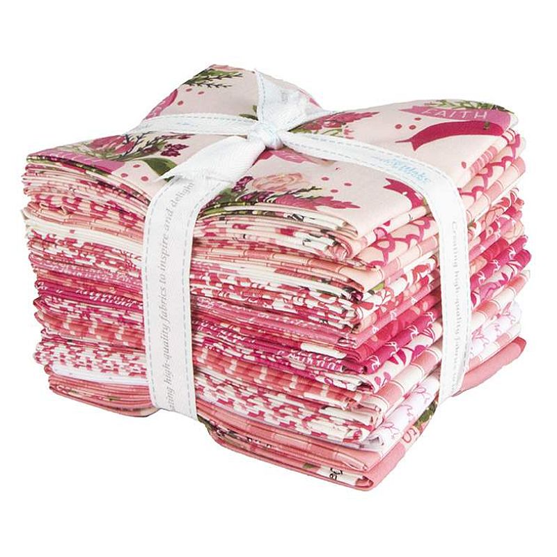 Cotton fabric fat quarter bundle, folded pink floral and gingham prints with white ribbon