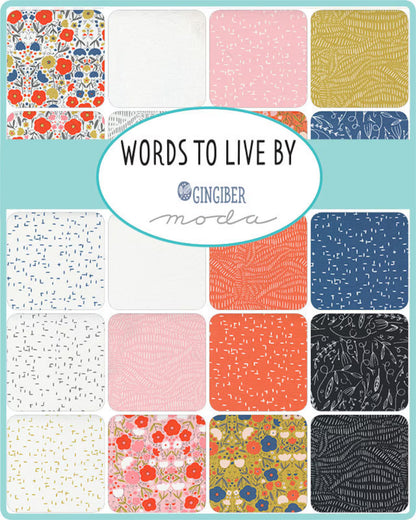Charm pack swatch card showing 5-inch squares in pink, orange, blue, tan, and dark