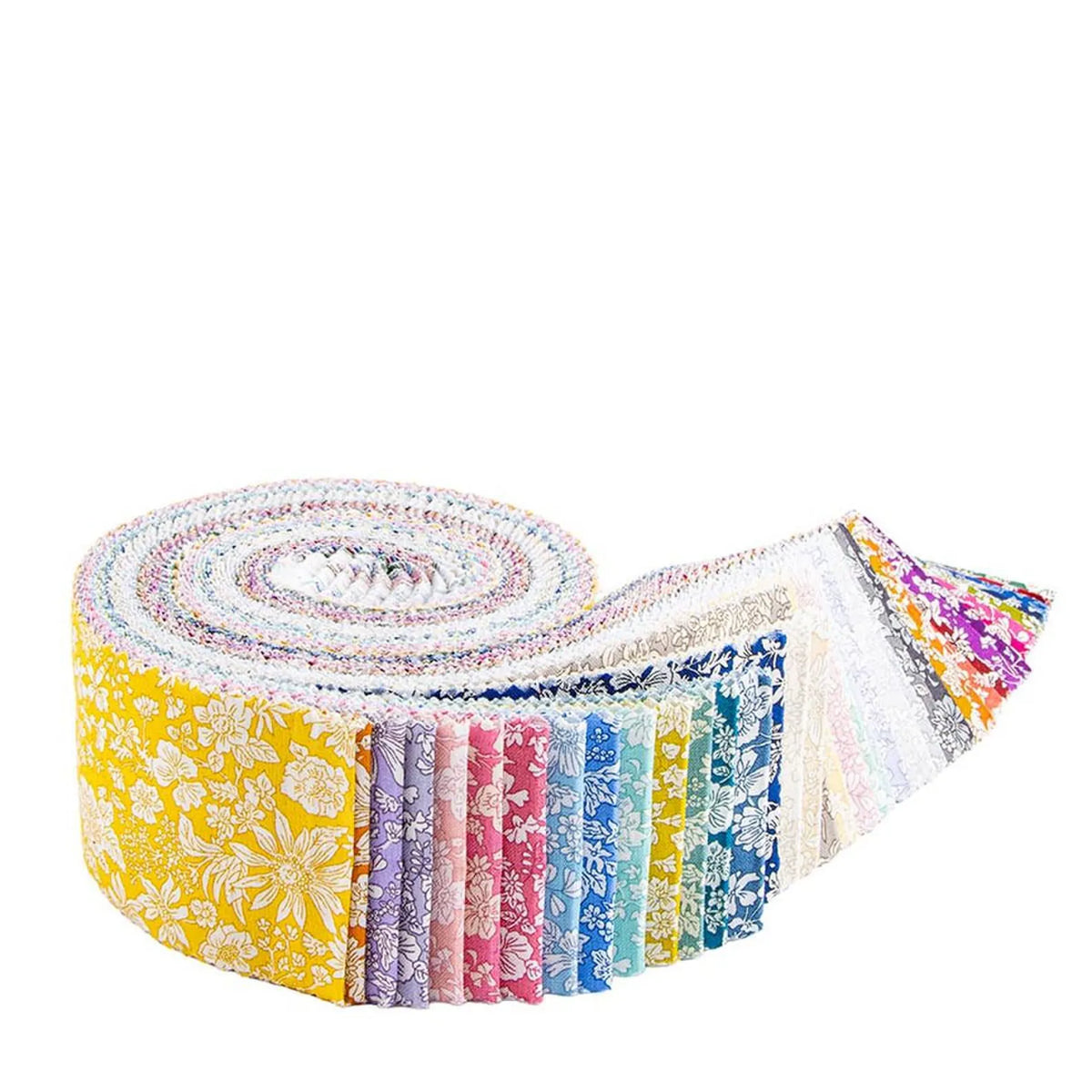 A roll of Liberty Fabrics jellied fabric, featuring a multicolor pastel pattern with yellow, pink, blue, and white tones, 
