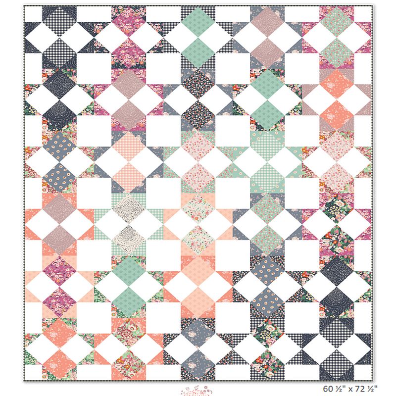 Patchwork quilt pattern design with multicolor fat quarter squares and diamond blocks