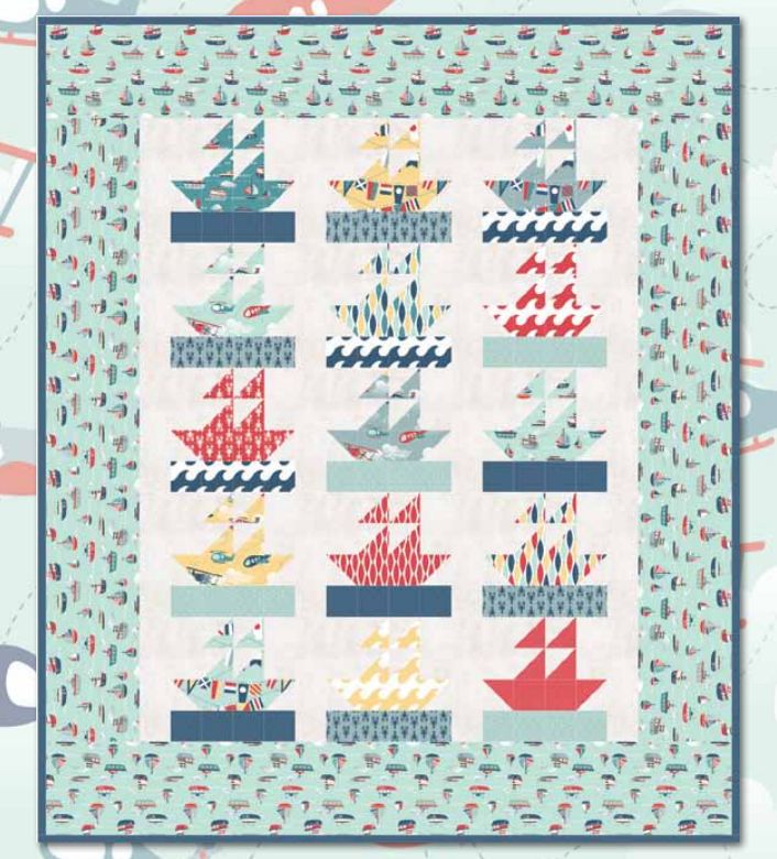 PDF quilt pattern featuring sailboat block layout with blue, red, and yellow squares