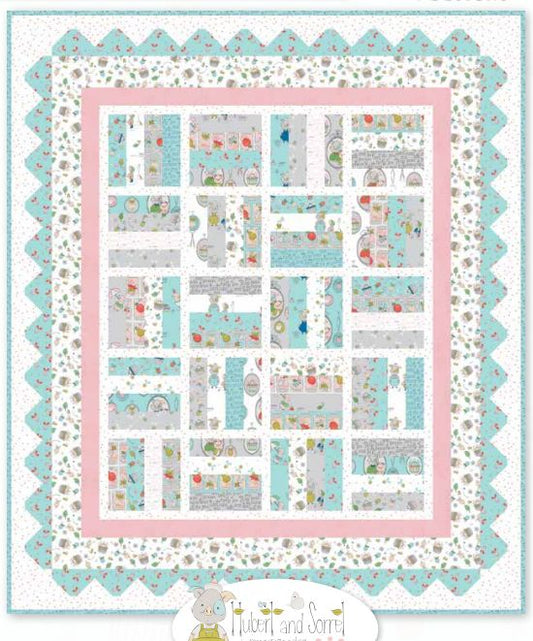 Jelly roll quilt pattern PDF, pastel panel layout with animals and borders