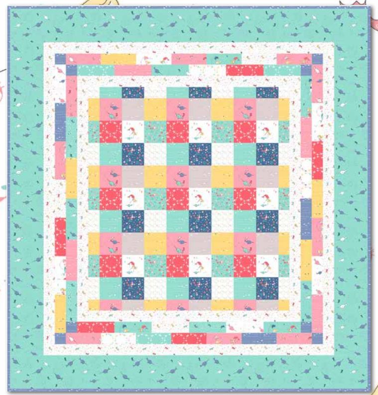 Quilt pattern PDF showing multicolor square block patchwork with border, friendly layout.