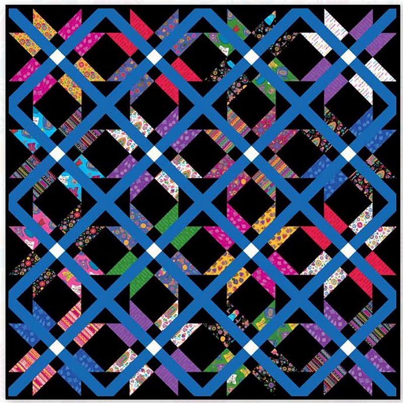 Colorful star quilt pattern with interlocking X diamond blocks and striped edges