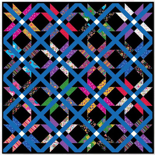 Colorful star quilt pattern with interlocking X diamond blocks and striped edges