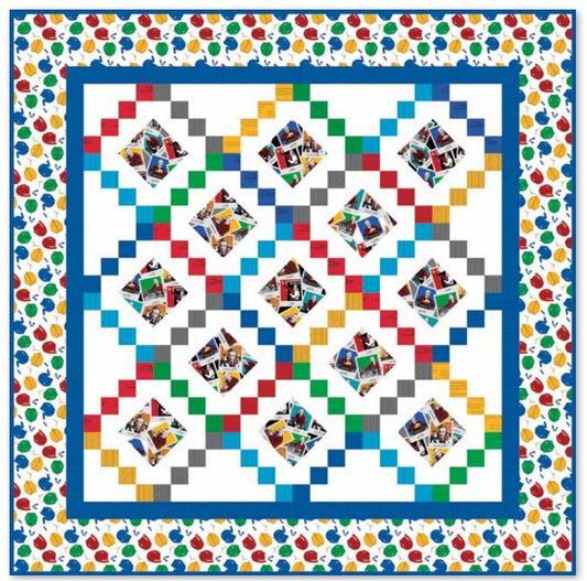 Colorful jelly roll quilt pattern layout with multicolor square blocks and photo squares