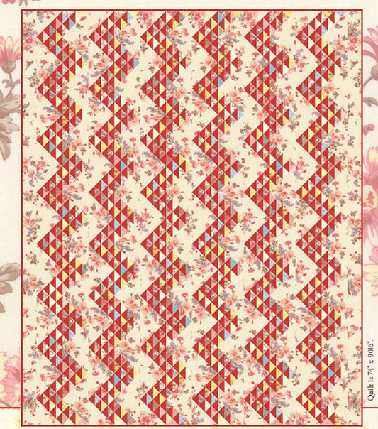 Quilt pattern featuring chevron zigzag blocks in red, teal, and cream for full quilt