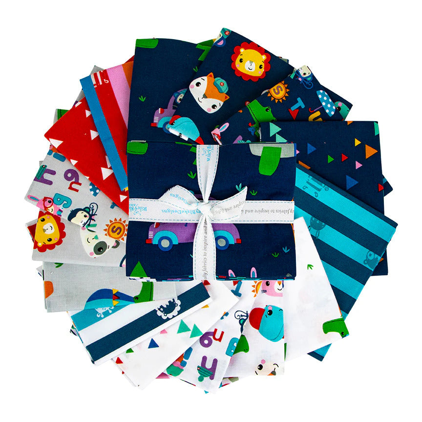 Rare Find Riley Blake Let’s Play Animal I Spy Fat Quarter Bundle featuring playful animals, alphabet prints and colourful novelty quilting fabrics.