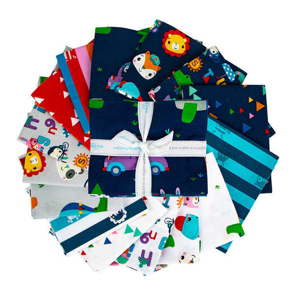 Rare Find Riley Blake Let’s Play Animal I Spy Fat Quarter Bundle featuring playful animals, alphabet prints and colourful novelty quilting fabrics.