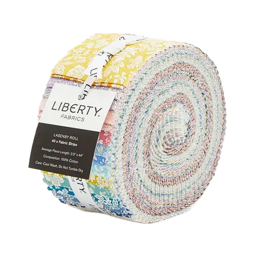 A roll of Liberty Fabrics jellied fabric, featuring a multicolor pastel pattern with yellow, pink, blue, and white tones, wrapped with a black and white paper label.
