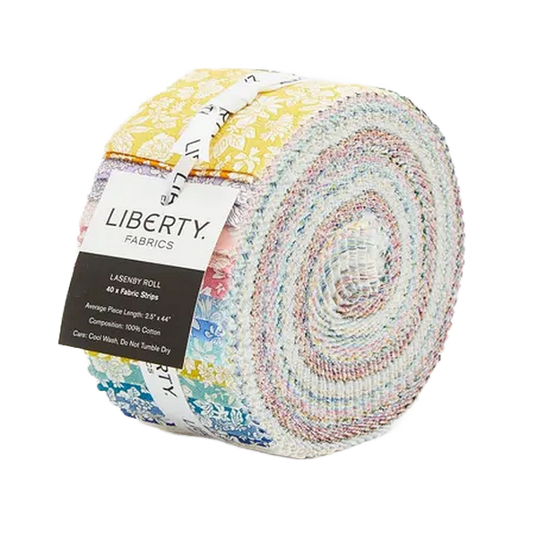 A roll of Liberty Fabrics jellied fabric, featuring a multicolor pastel pattern with yellow, pink, blue, and white tones, wrapped with a black and white paper label.